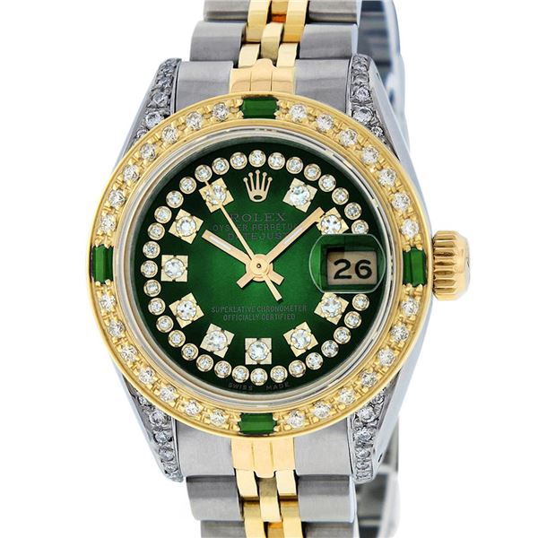 Rolex Ladies 2 Tone Green Vignette Diamond Lugs & Emerald Wristwatch