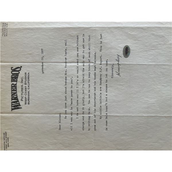 Warner Brothers Humphrey Bogart signed letter. ACE authenticated