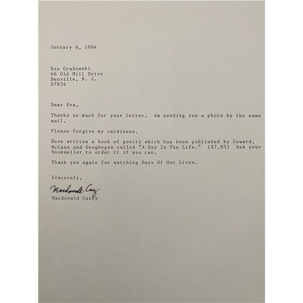 Macdonald Carey signed personal letter