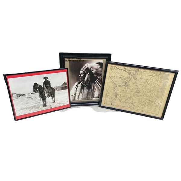 Framed Map of Yellowstone and Missouri River & Two Framed Photos