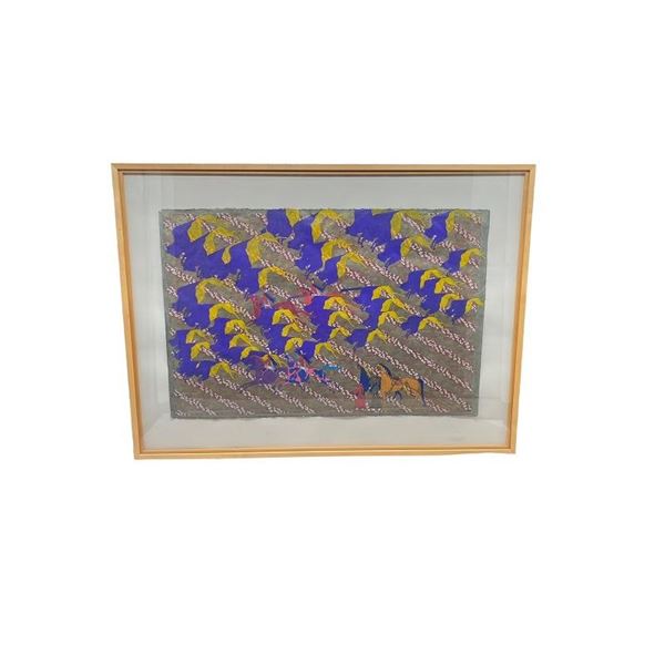 Painting with horses and warriors hunting buffalo