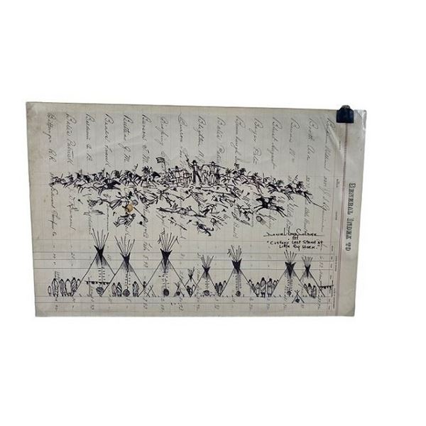 Daniel Long Soldier Original Ledger Art- Custers Last Stand at Little Bighorn