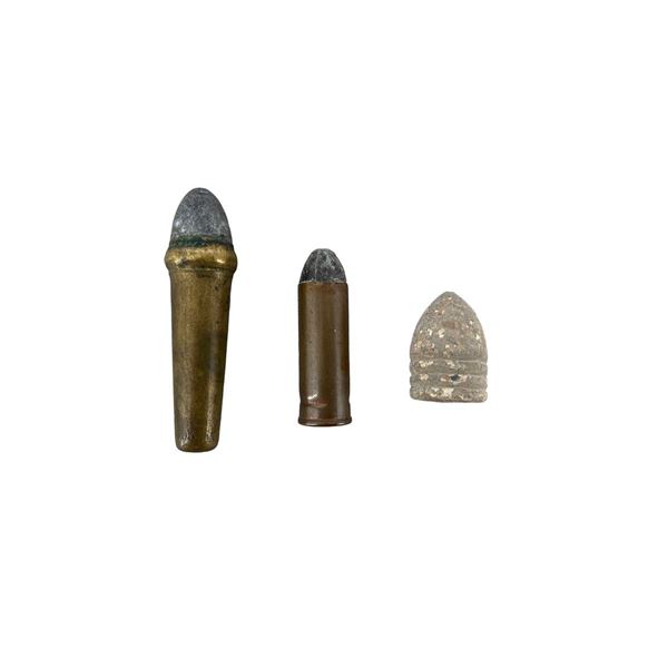 Burnside 54 Cal Cartridge, Colt 45 Cal Revolver Cartridge and Conical Style Bullet