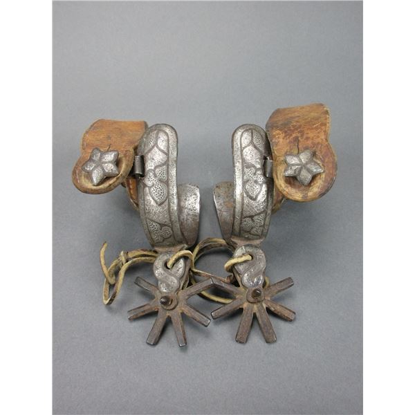 Unmarked Double Mounted Silver Inlaid Charro Spurs- 1.1" Bands- 1.5" Shanks- 8 Point Rowels- Straps-