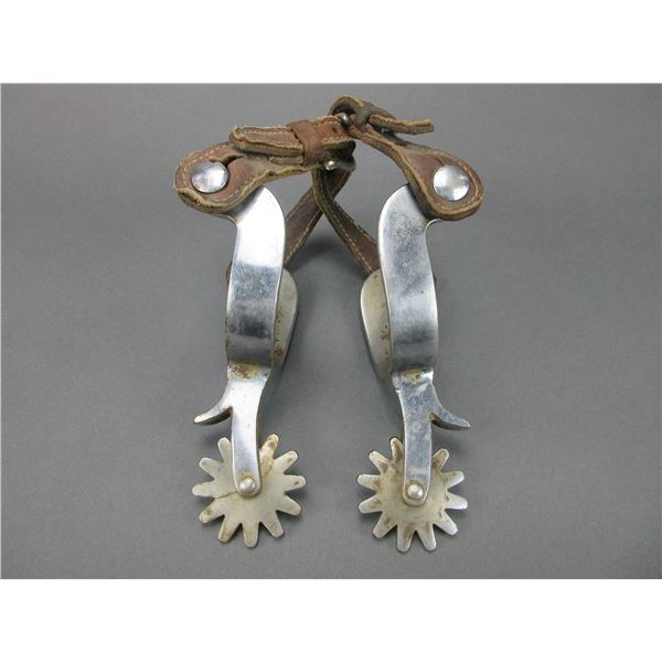 Crockett Renalde Spurs- .8 " Bands- 2.25" Shanks- 12 Point Rowels- Chap Guards- Straps- Fair Conditi