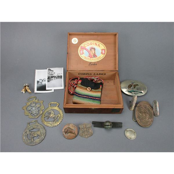 Cigar Box Of Belt Buckles- Badges- Misc.