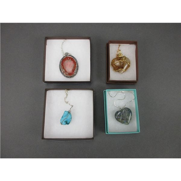 4 Necklaces With Gold And Sterling Chains- Citrine Heart Cabochou- Horn Coral Cabochou- Labrador Hea