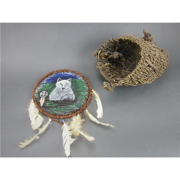 NW Native Berry Basket- 9"H X 8"- Hand Painted Dream Catcher- 9"