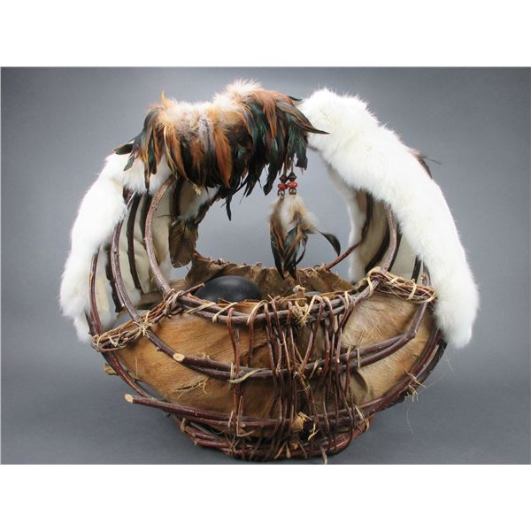 Wicker Basket With Fur And Feather Trim With 13 Ostrich Eggs- 23"H X 27"W X 16"D