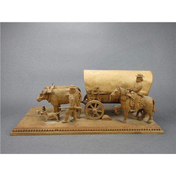 Hand Carved Oxen And Wagon Sculpture- Pine- 10"H X 23.5"L X 10"D