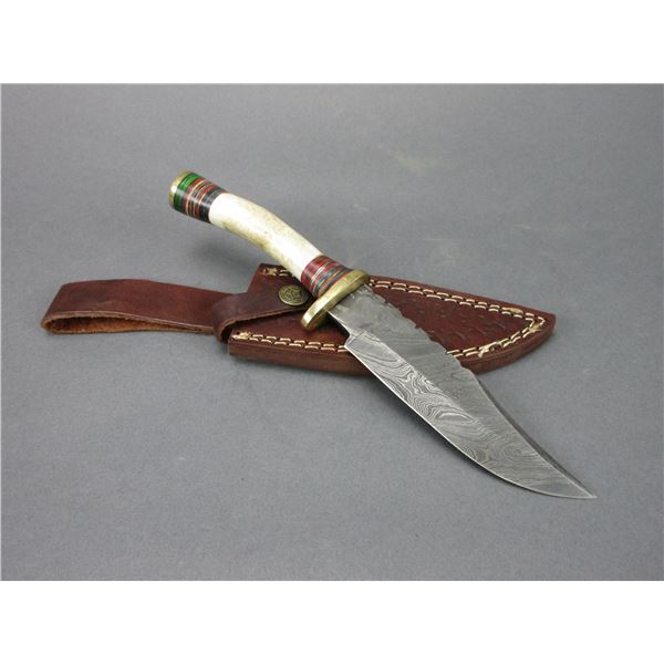 Unmarked Damascus Knife- Sheath- 5.5" Blade- 4.5" Antler Handle