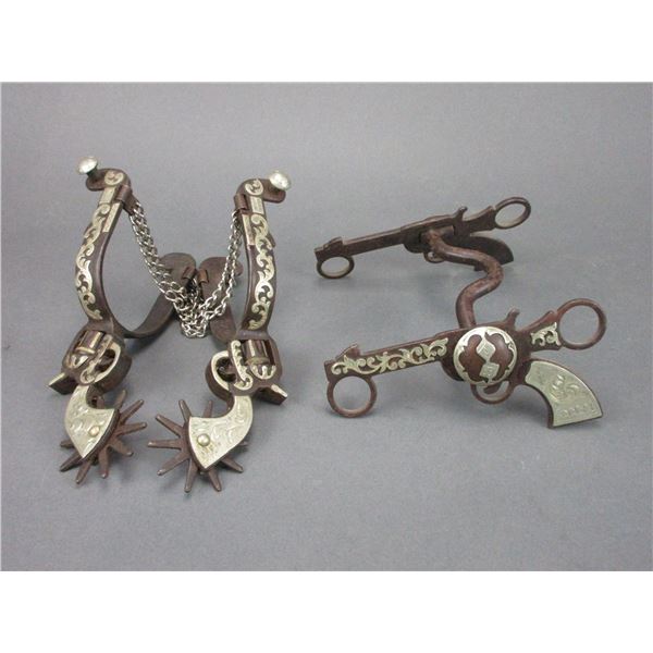 Overlaid Pistol Curb Bit- Matching Overlaid Pistol Spurs- Marked "E"
