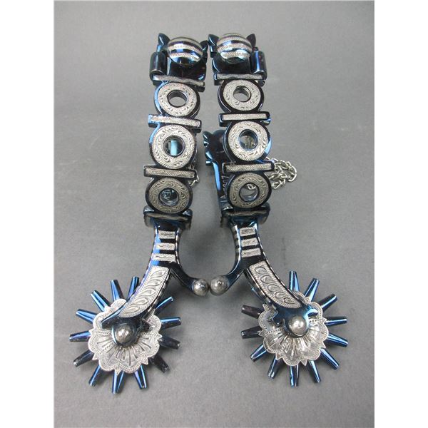 Marked Garcia Elko Nev 7207 Silver Inlaid Spurs- 1" Bands- 2.5" Shanks- 14 Point Rowels With Covers-