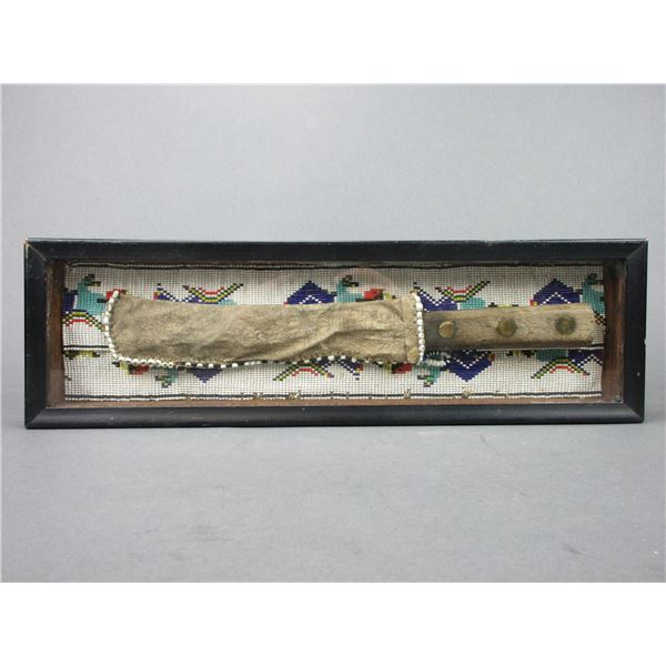 Framed Very Old Skinning Knife With Beaded Leather Sheath- 16" X 4.5"