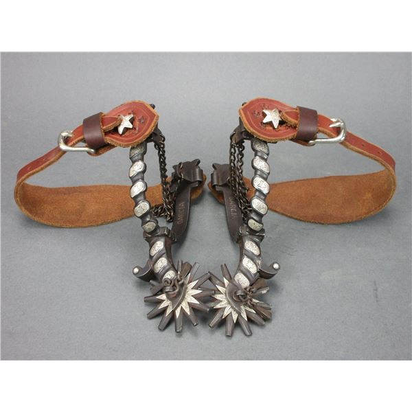 Marked Garcia Silver Inlaid Spurs- .6" Bands- 2.5" Shanks- 12 Point Rowels With Spoked Covers- Chap 
