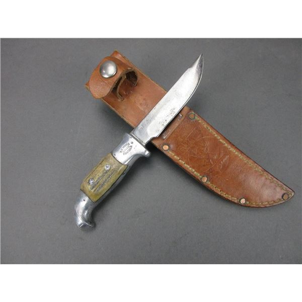 Marked RH Ruana Bonner Montana Knife- M Stamp- Original Sheath- 4" Blade- 3.75" Handle- Fair Conditi