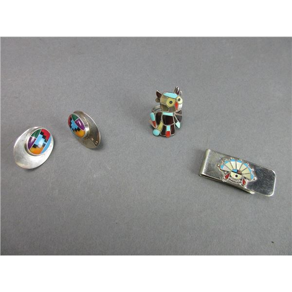 Navajo Money Clip- Marked E Salio Gemstone Ring- Marked HB Sterling Turquoise Earrings