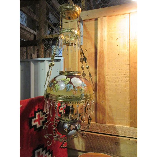Hand Painted Hanging Oil Lamp- Crystal Drops- 38"L X 14" Globe- Very Nice