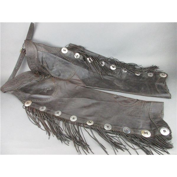 Marked George Lawrence Portland Ore Fringed Step In Chaps- Buckstitched- 18 1.5" Conchos- Old Repair