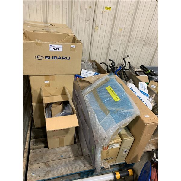 PALLET OF ASSORTED GENUINE SUBARU PARTS, WINDOWS, DAM PARTS, & TUBING