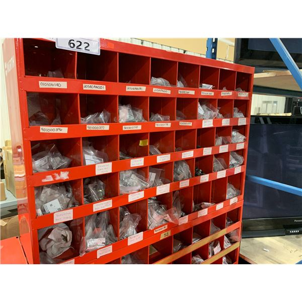 RED METAL WURTH 40 SLOT INDUSTRIAL HARDWARE SORTING / STORAGE UNIT WITH CONTENTS