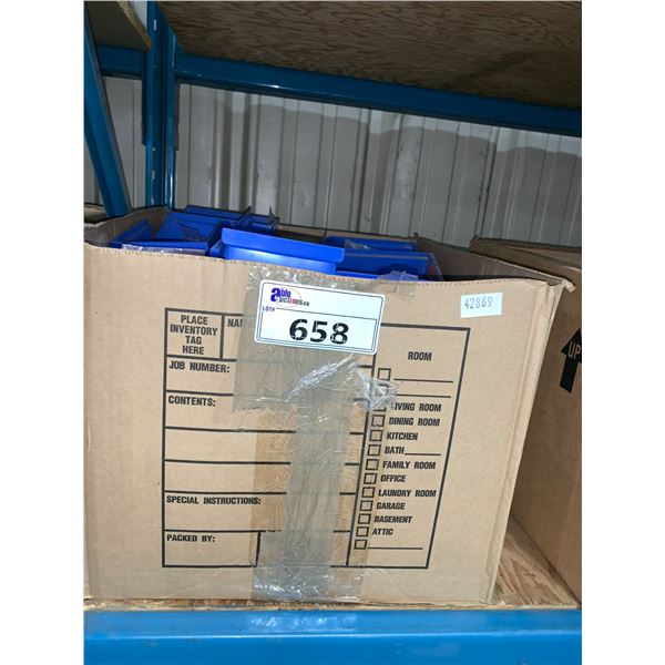 BOX OF ASSORTED PLASTIC PARTS BINS WITH SMALL GENUINE SUBARU PARTS, HARDWARE, PLUGS & GASKETS
