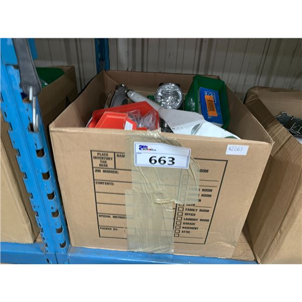 BOX OF ASSORTED RALLY CAR VEHICLE PARTS