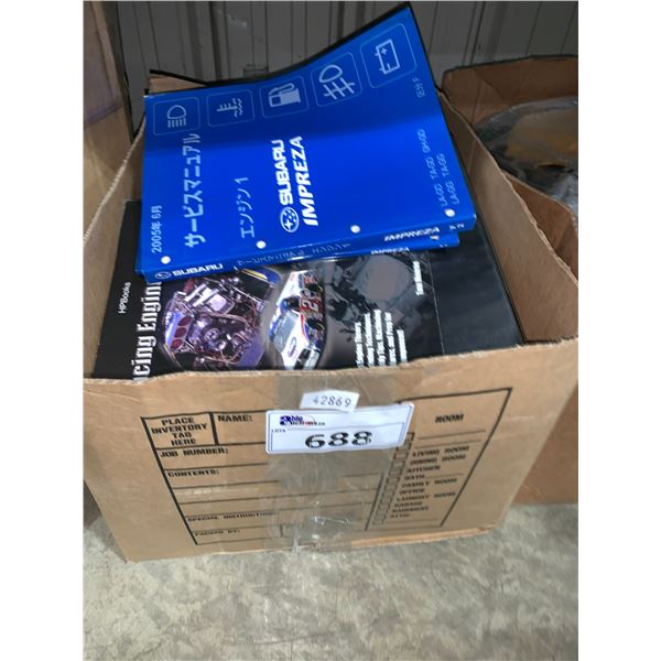 BOX OF ASSORTED SUBARU MANUALS / PARTS BOOKS