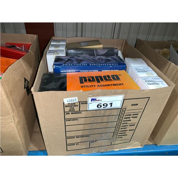 BOX OF PRECISION ENGINEERED KITS, UTILITY KITS, & GENUINE SUBARU RALLY CAR VEHICLE SMALL PARTS