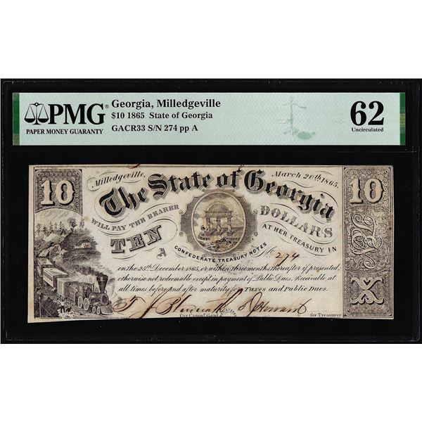 1865 $10 State of Georgia, Milledgeville Obsolete Note PMG Uncirculated 62