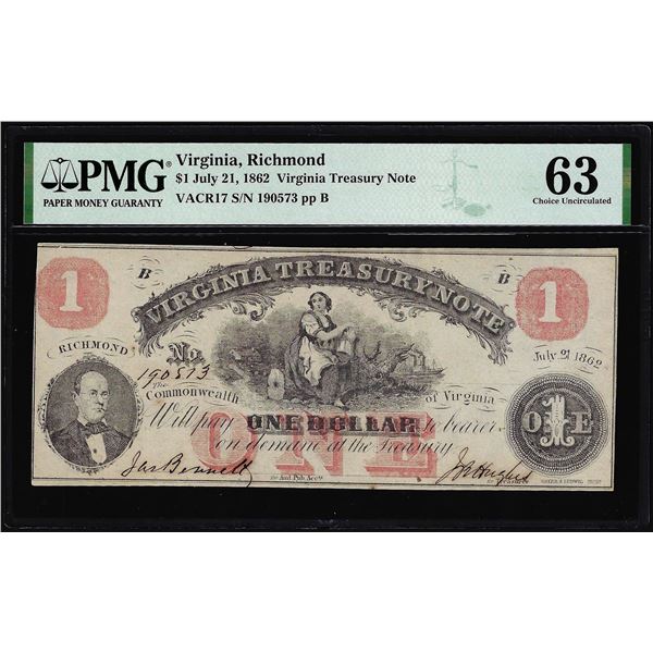 1862 $1 Virginia Treasury Obsolete Note VACR17 PMG Choice Uncirculated 63