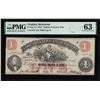 Image 1 : 1862 $1 Virginia Treasury Obsolete Note VACR17 PMG Choice Uncirculated 63