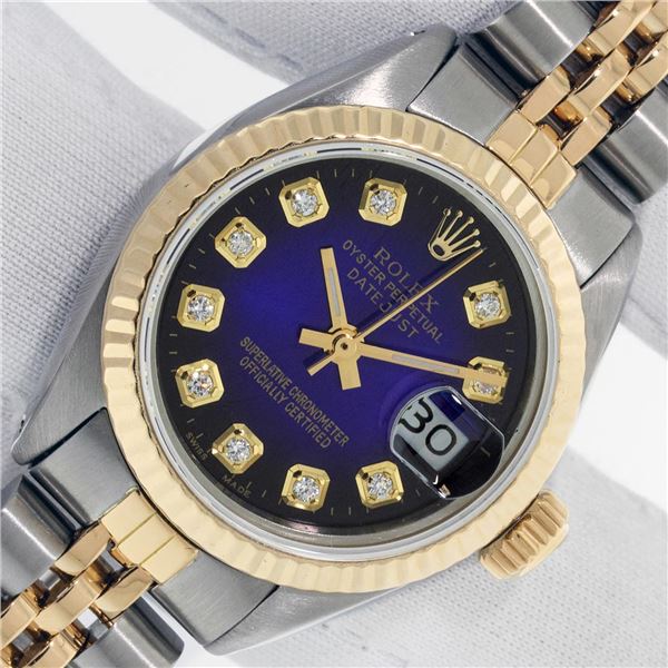Rolex Ladies Two Tone Blue Vignette Diamond Datejust Wristwatch