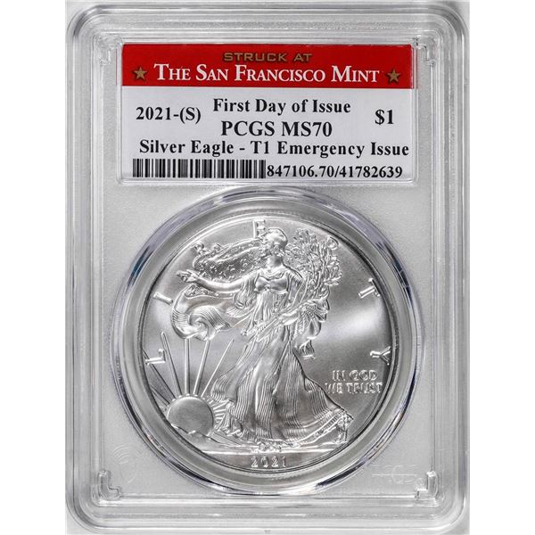 2021-(S) Type 1 $1 American Silver Eagle Coin PCGS MS70 First Day of Issue Emergency