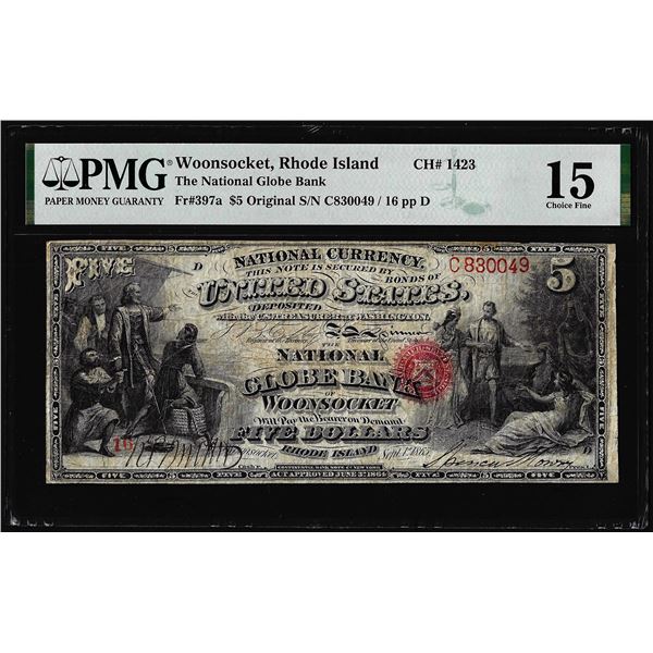 Original Series $5 Bank of Woonsocket, RI CH# 1423 National Note PMG Choice Fine 15