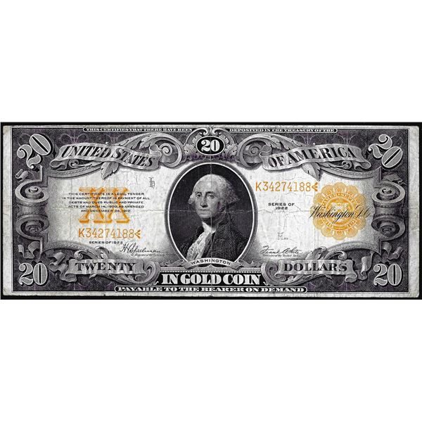 1922 $20 Gold Certificate Note