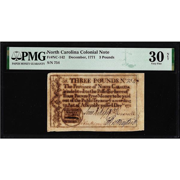 1771 North Carolina 3 Pounds Colonial Note NC-142 PMG Very Fine 30 Net Magna Charta