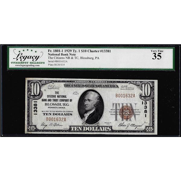 1929 $10 NB Blossburg, PA CH# 13381 National Currency Note Legacy Very Fine 35