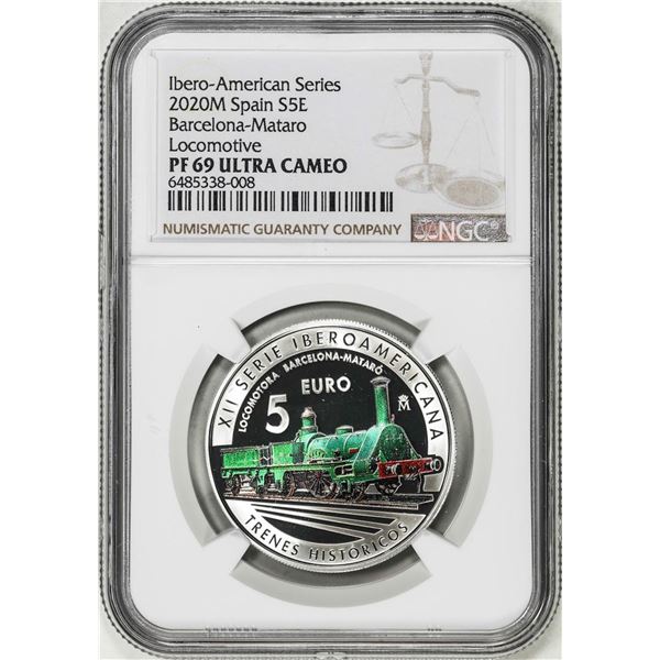 2020M Spain 5 Euros Barcelona Locomotive Train Proof Silver Coin NGC PF69 Ultra Cameo