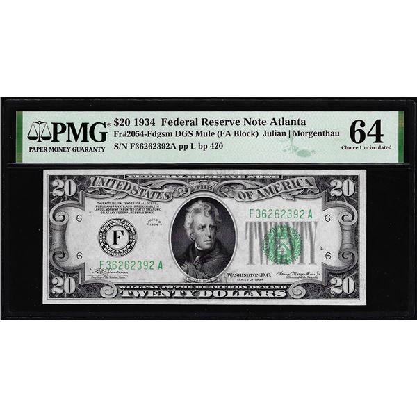 1934 $20 Federal Reserve Note Atlanta Fr.2054-Fdgsm Mule PMG Choice Uncirculated 64