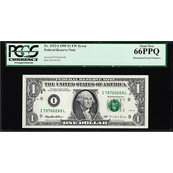 1995 $1 Federal Reserve Note Mismatched Serial Number ERROR PCGS Gem New 66PPQ