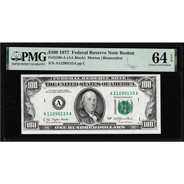 1977 $100 Federal Reserve Note Boston Fr.2168-A PMG Choice Uncirculated 64EPQ