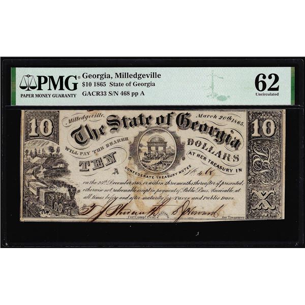 1865 $10 State of Georgia, Milledgeville Obsolete Note GACR33 PMG Uncirculated 62