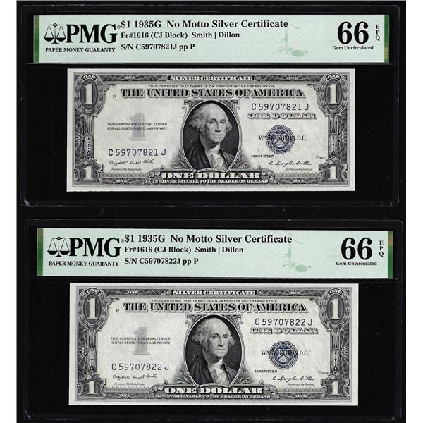 (2) Consecutive 1935G No Motto $1 Silver Certificate Notes PMG Gem Uncirculated 66EPQ