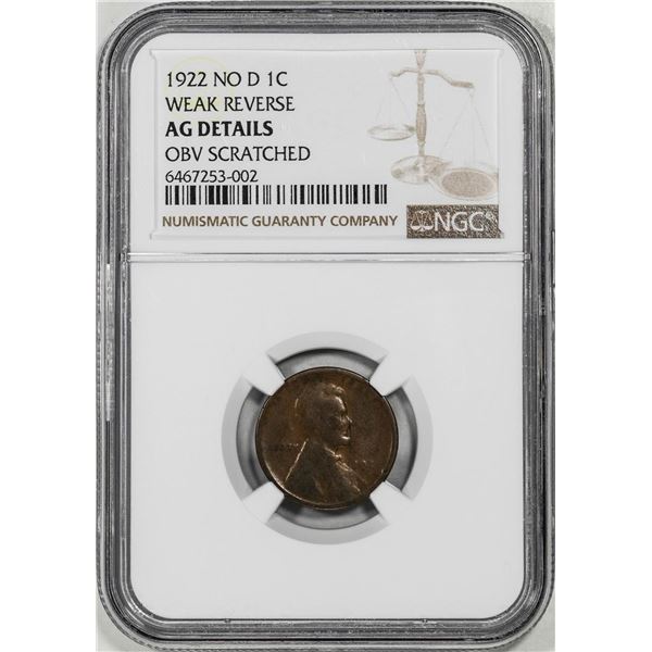 1922 No D Weak Reverse Lincoln Wheat Cent Coin NGC AG Details