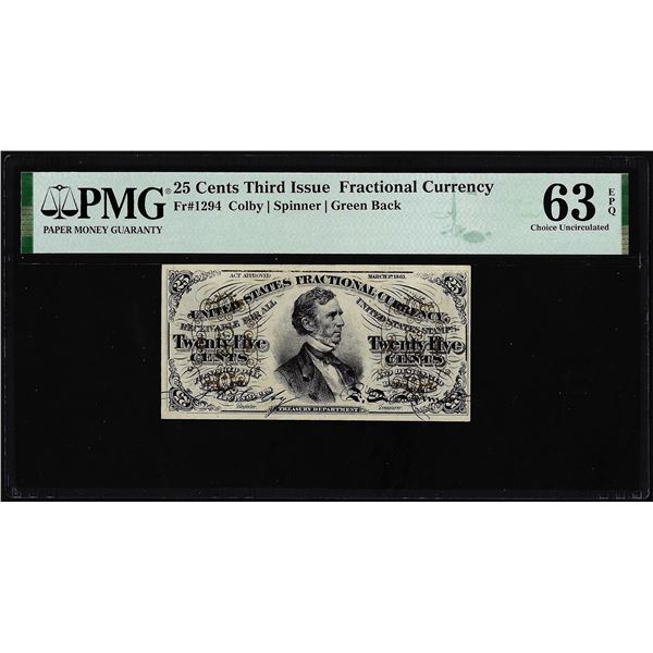 1863 Third Issue 25 Cents Fractional Currency Note Fr.1294 PMG Ch. Uncirculated 63EPQ