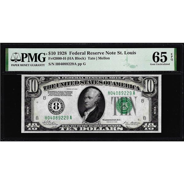 1928 $10 Federal Reserve Note St. Louis Fr.2000-H PMG Gem Uncirculated 65EPQ
