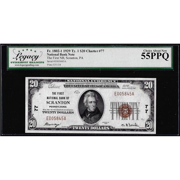 1929 $20 NB Scranton, PA CH# 77 National Currency Note Legacy Choice About New 55PPQ