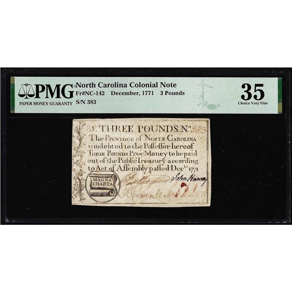 1771 North Carolina 3 Pounds Colonial Note NC-142 PMG Choice Very Fine 35 Magna Charta
