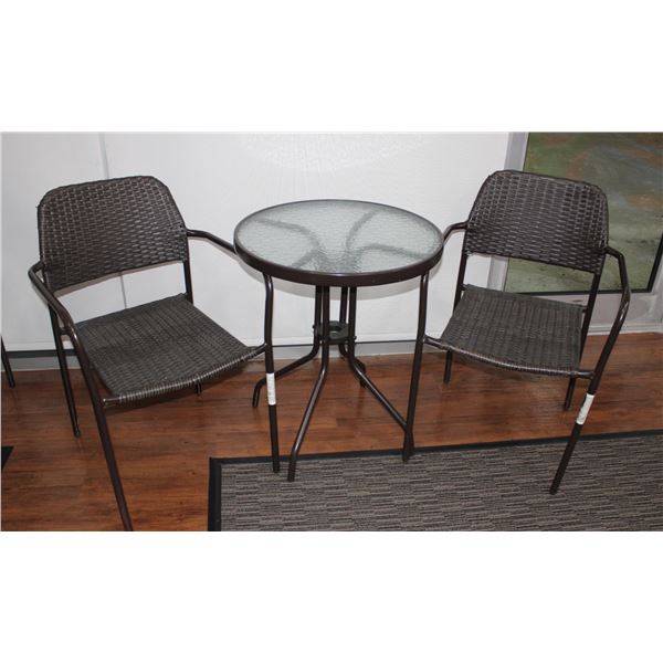 ROUND GLASS TABLE WITH 2 MATCHING WICKER CHAIRS